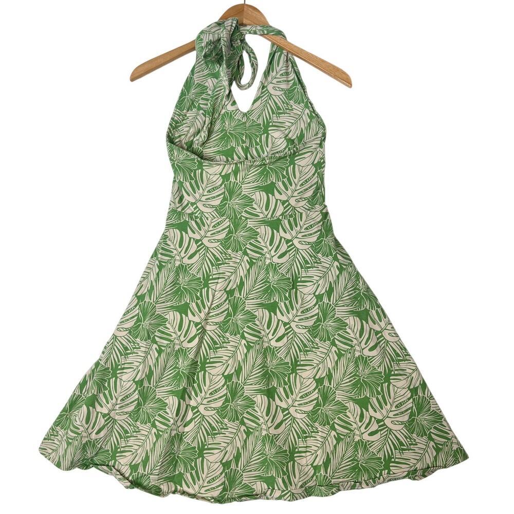 Pact Organic Cotton Sage Green Halter Neck Dress Tropical Monstera Leaf sz S - Picture 3 of 6